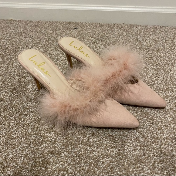 Lulus Blush Pink Feather Accent Pointed Toe Heels - Picture 1 of 7